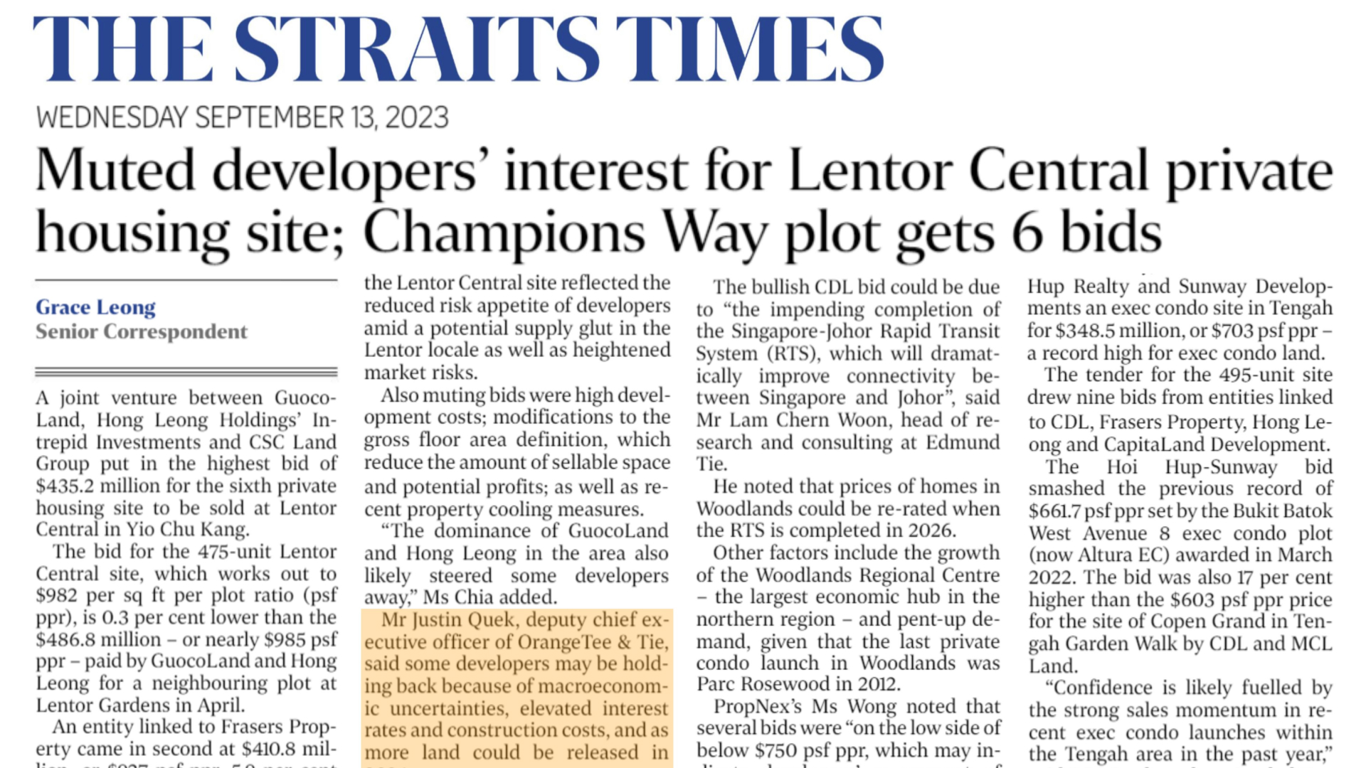 OrangeTee | Comments on tender closing at Lentor Central and Champions Way